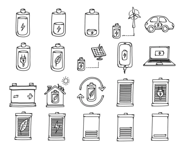 Battery Doodle Vector Icon Set Drawing Sketch Illustration Hand Drawn — Image vectorielle