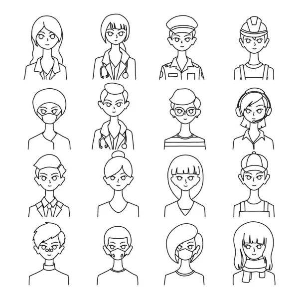Set Icone Vettoriali Avatar Portrait Doodle Disegno Schizzo Illustrazione Disegnato — Vettoriale Stock