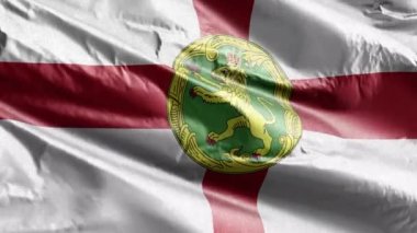 Alderney tekstil bayrağı rüzgar döngüsünde yavaşça dalgalanıyor. Aldernian bayrağı rüzgarda sallanıyor. Kumaş dokular. Tam dolgu arkaplanı. 20 saniye döngü. 