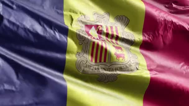 Andorra Textilflagga Viftar Vindslingan Andorras Fana Svajar Vinden Tygvävnad Full — Stockvideo