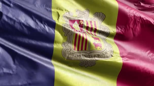 Andorra Tekstil Bayrağı Rüzgar Döngüsünde Yavaşça Dalgalanıyor Andorran Bayrağı Rüzgarda — Stok video