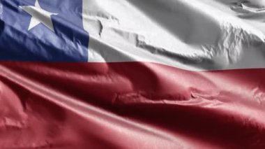 Şili tekstil bayrağı rüzgar döngüsünde yavaşça dalgalanıyor. Şili bayrağı rüzgarda hafifçe sallanıyor. Kumaş dokular. Tam dolgu arkaplanı. 20 saniye döngü. 
