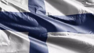 Finlandiya tekstil bayrağı rüzgarda sallanıyor. Fin bayrağı rüzgarda sallanıyor. Kumaş dokular. Tam dolgu arkaplanı. 10 saniye döngü. 