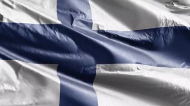 Finlandiya tekstil bayrağı rüzgar döngüsünde yavaşça dalgalanıyor. Fin bayrağı rüzgarda hafifçe sallanıyor. Kumaş dokular. Tam dolgu arkaplanı. 20 saniye döngü. 