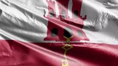 Rüzgarda sallanan Gibraltar tekstil bayrağı. Gibraltar bayrağı rüzgarda sallanıyor. Kumaş dokular. Tam dolgu arkaplanı. 10 saniye döngü. 