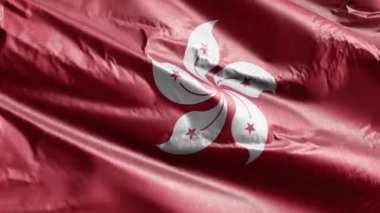 Hong Kong tekstil bayrağı rüzgar döngüsünde yavaşça dalgalanıyor. Hong Kong afişi rüzgarda hafifçe sallanıyor. Kumaş dokular. Tam dolgu arkaplanı. 20 saniye döngü. 