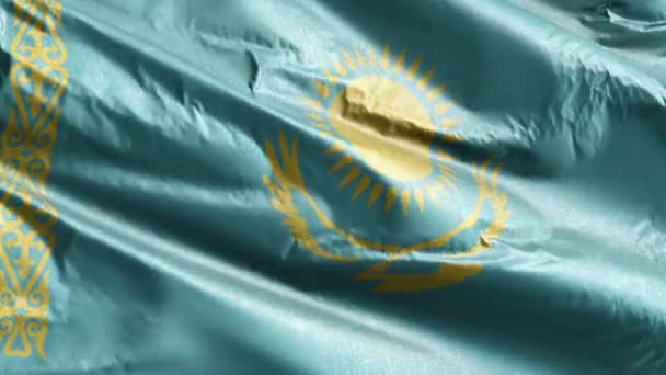 哈萨克斯坦的纺织品国旗缓风飘扬 哈萨克国旗在微风中飘扬 织物织物织物组织 完整的背景 20秒回圈 — 图库视频影像