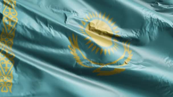 Kazakstans Flagga Vinkar Långsamt Vindslingan Kazakisk Fana Svajar Lätt Vinden — Stockvideo