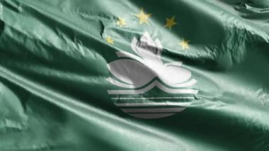 Macau tekstil bayrağı rüzgar döngüsünde yavaşça dalgalanıyor. Macau afişi rüzgarda hafifçe sallanıyor. Kumaş dokular. Tam dolgu arkaplanı. 20 saniye döngü. 