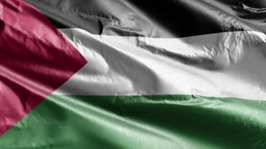 Filistin tekstil bayrağı rüzgar döngüsünde yavaşça dalgalanıyor. Filistin sancağında hafif bir esinti var. Kumaş dokular. Tam dolgu arkaplanı. 20 saniye döngü. 