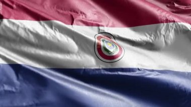 Paraguay tekstil bayrağı rüzgar döngüsünde yavaşça dalgalanıyor. Paraguay bayrağı rüzgarda sallanıyor. Kumaş dokular. Tam dolgu arkaplanı. 20 saniye döngü. 