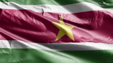 Tekstil bayrağını rüzgarda yavaşça salla. Surinam bayrağı rüzgarda sallanıyordu. Kumaş dokular. Tam dolgu arkaplanı. 20 saniye döngü. 