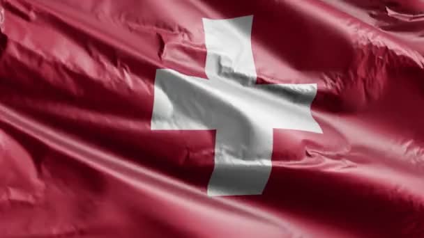 Флаг Швейцарии Размахивающий Петле Ветра Швейцарское Знамя Раскачивается Ветру Полный — стоковое видео