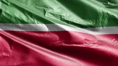 Tataristan tekstil bayrağı rüzgar döngüsünde yavaşça dalgalanıyor. Tataristan bayrağı rüzgarda hafifçe sallanıyor. Kumaş dokular. Tam dolgu arkaplanı. 20 saniye döngü. 