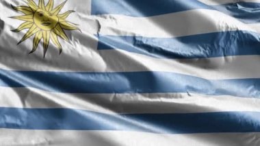 Uruguay tekstil bayrağı rüzgar döngüsünde yavaşça dalgalanıyor. Uruguay bayrağı rüzgarda sallanıyor. Kumaş dokular. Tam dolgu arkaplanı. 20 saniye döngü. 