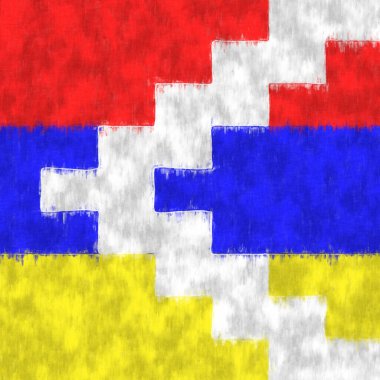 Dağlık Karabağ Cumhuriyeti yağlı boya tablosu. Dağlık Karabağ Cumhuriyeti amblemi tuval çiziyor. Bir ülkenin bayrağının resmi..