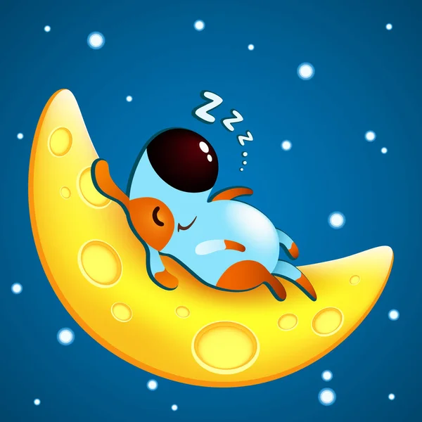 滑稽的卡通片小狗 在夜空背景下睡在半月上 甜美的摇篮曲主题 矢量说明 — 图库矢量图片