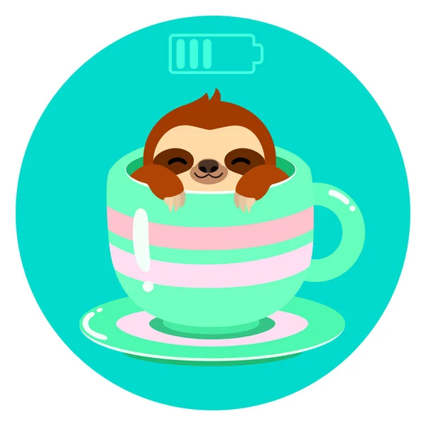 Mavi arka planda fincanda uyuyan tembel hayvan çizgi filmi. Şarj olan sevimli tembel hayvan. renkli vektör illüstrasyonu. 