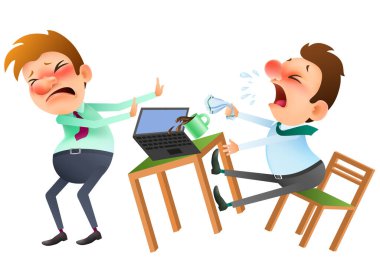 Çizgi filmdeki adam hasta, hapşırıyor ve işyerinde sağlıklı bir adamın üzerine öksürüyor. renkli vektör illüstrasyonu.