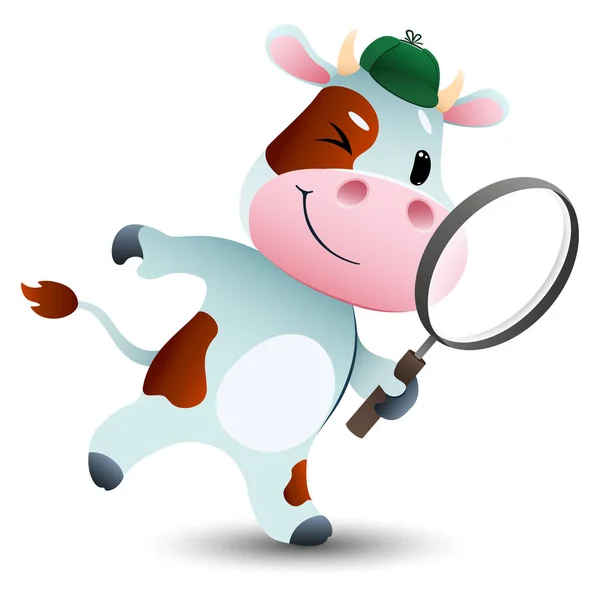 Cute Detektyw Kreskówki Mała Krowa Szuka Przedmiotów Szkła Powiększającego Białym — Wektor stockowy