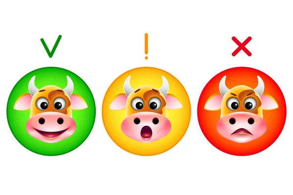 Cute Emoticon Cow Colored Circle Background Happy Green Yellow Surprise — Wektor stockowy
