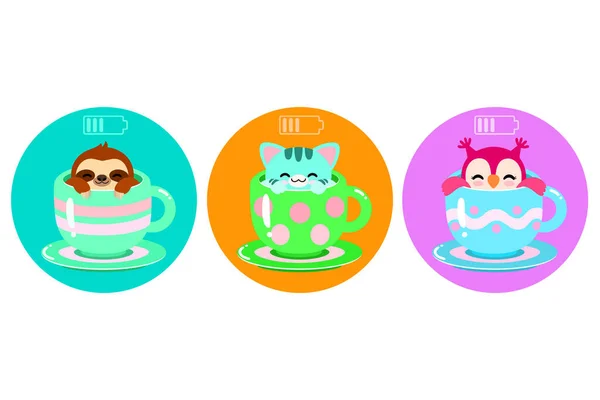 funny cartoon sleeping sloth, cat and owl in cups on colored background. cute animals relaxing. charging battery. colorful vector illustration. 