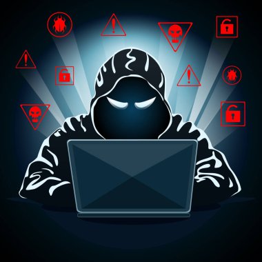 Siber saldırı alarmı. Karanlık arka planda dizüstü bilgisayarı olan bir hacker. İnterneti hackliyorum. Siber suçlar. kişisel bilgileri çalmak. vektör illüstrasyonu. 
