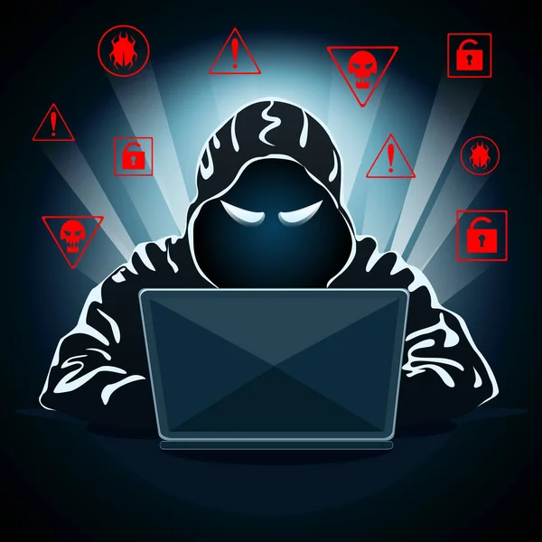 Siber saldırı alarmı. Karanlık arka planda dizüstü bilgisayarı olan bir hacker. İnterneti hackliyorum. Siber suçlar. kişisel bilgileri çalmak. vektör illüstrasyonu. 