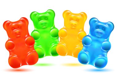 Beyaz arka planda sevimli renkli jöle ayılar. Parlak sakızlı hayvanlar şekerleme yapar. turuncu, sarı, mavi ve yeşil şeker. Tebrik kartı. izole vektör illüstrasyonu.