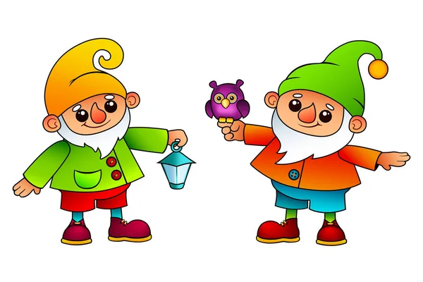 Beyaz arka planda baykuş ve fener olan sevimli bahçe cüceleri. Peri masalı insanlarıyla dolu tebrik kartı. izole vektör illüstrasyonu.