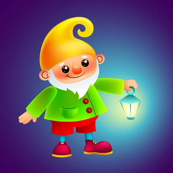 Bonito Gnome Dos Desenhos Animados Com Lanterna Fundo Escuro Cartão — Vetor de Stock