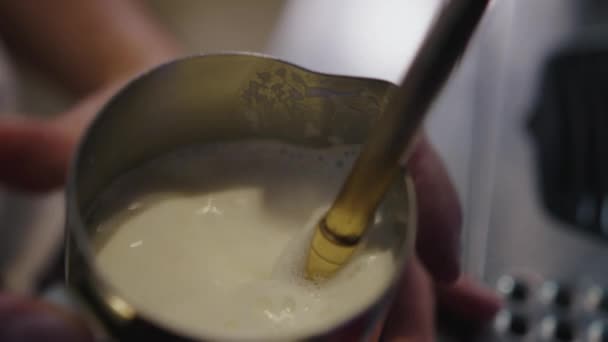 Barista prepares milk foam for latte — Vídeos de Stock