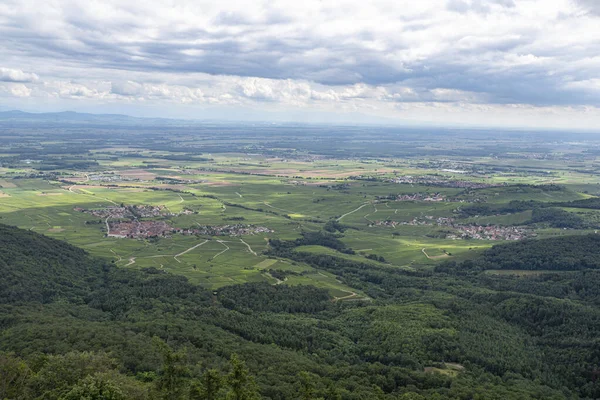 Vista Aérea Pueblo Alsacia Francia Con Campos —  Fotos de Stock