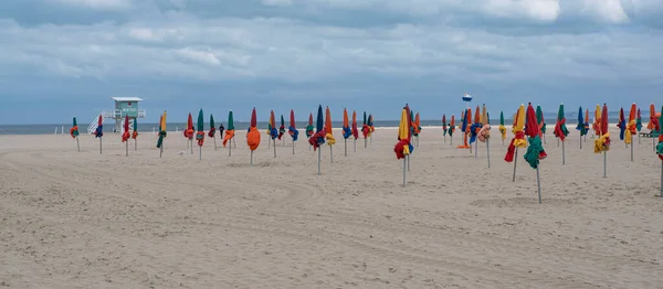 Colourful Umbrellas Beach Deauville Normandy France Lifeguard Hut Name Town — Stock Photo, Image