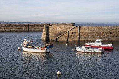 Breton limanında renkli şamandıraları, balık tuzakları ve ağları olan küçük bir balıkçı teknesi.