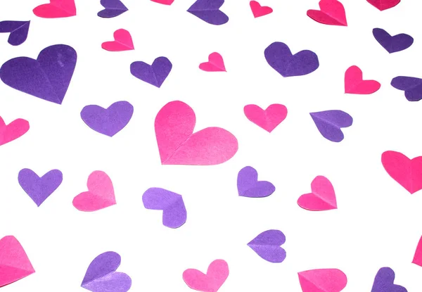 Pink Purple Paper Love Hearts Cut Out White Background Valentines — Foto Stock