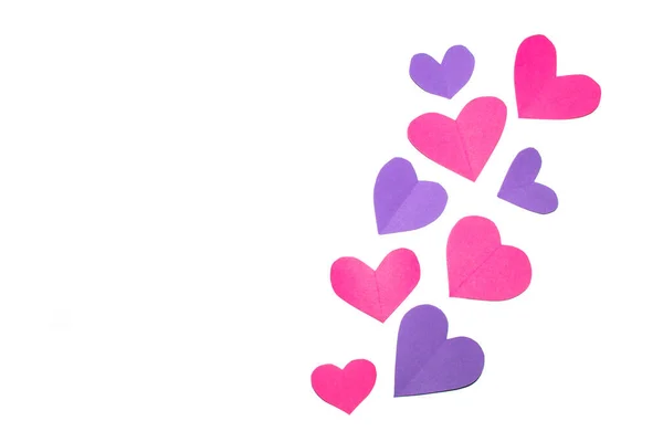 Růžový Fialový Papír Láska Srdce Vystřihnout Bílém Pozadí Pro Valentýna — Stock fotografie