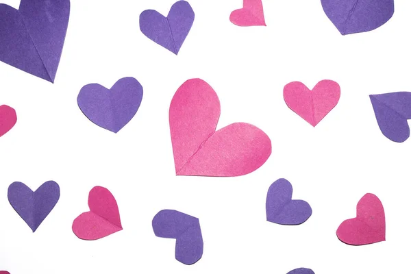 Pink Purple Paper Love Hearts Cut Out White Background Valentines — Zdjęcie stockowe