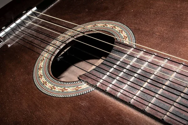 Close Old Vintage Acoustic Guitar Strings Neck — стокове фото