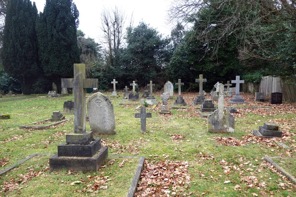 Old Graveyard Broken Fallen Crosses Graves Overgrown Grass Spooky — Stock Photo, Image