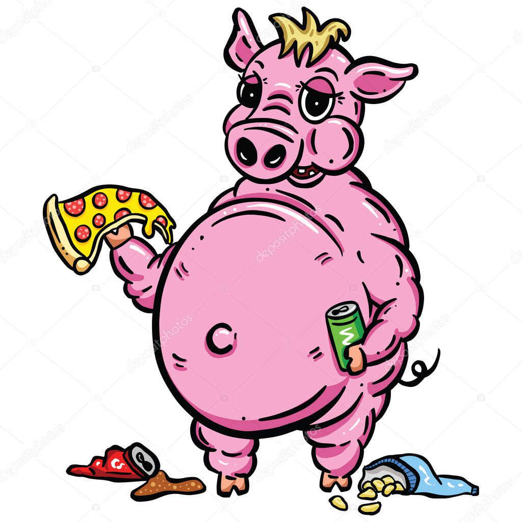 Fat Pig eating Pizza Crisps and Junk Food Logo