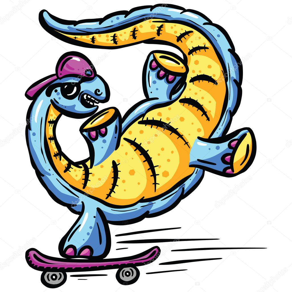 A Cool Skateboarding Diplodocus Dinosaur Cartoon Character Wearing Sunglasses and Cap