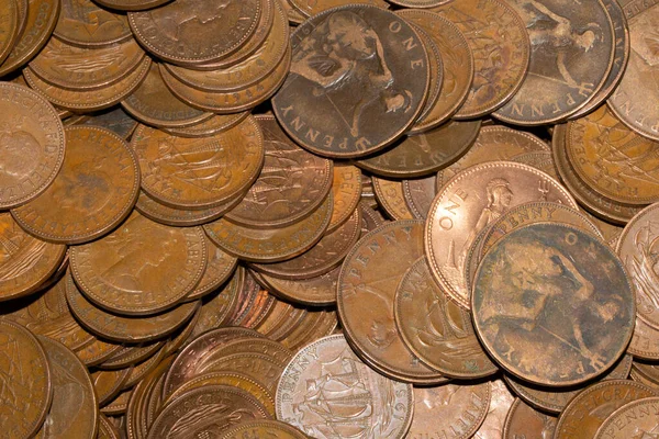 Una Massiccia Collezione Vecchi Penny Pre Decimali Monete Inglesi Mezzo — Foto Stock