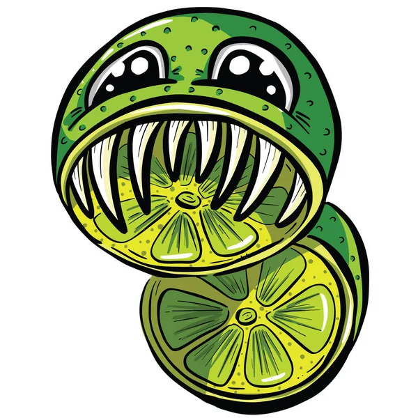 Scary Lime Fruit Monster Character Teeth Logo Design — Stock Vector