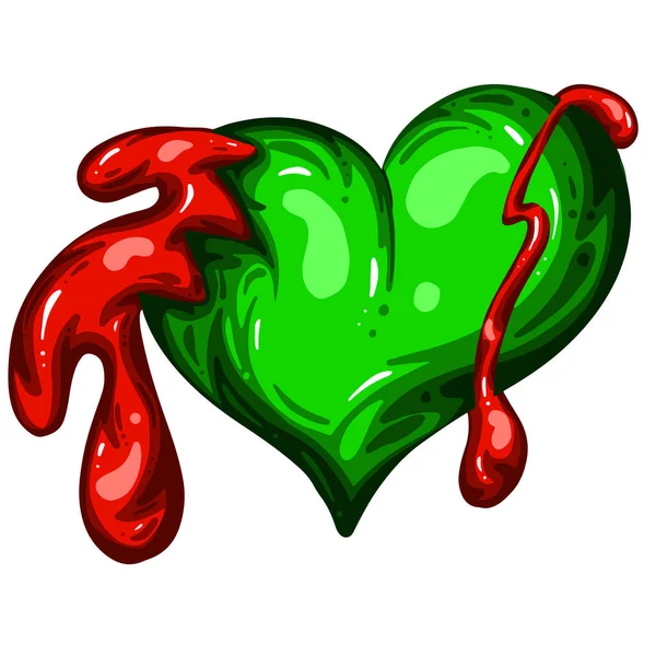Green Dead Zombie Heart Cartoon Illustration Blood Valentines Day Halloween — Stock Vector