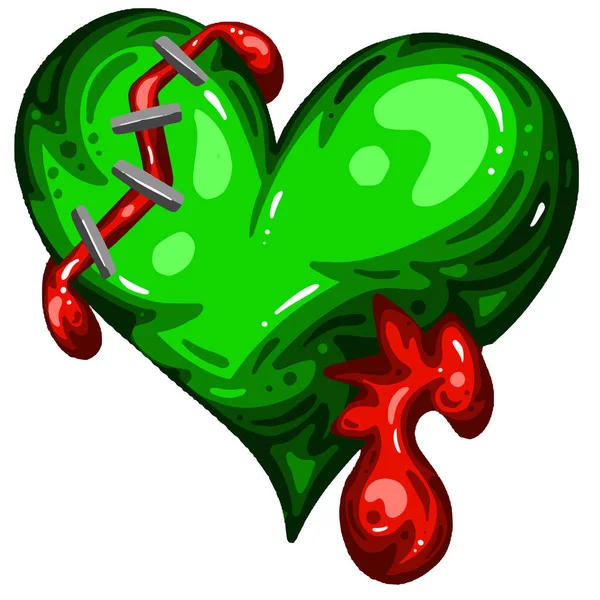 Green Dead Zombie Heart Cartoon Illustratie Met Bloed Voor Valentijnsdag — Stockvector