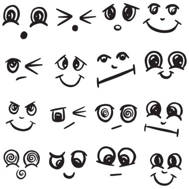 Çizgi film Doodle Duygusallığı Kawaii Yüzler ve Gözler Simge Logo Koleksiyonu