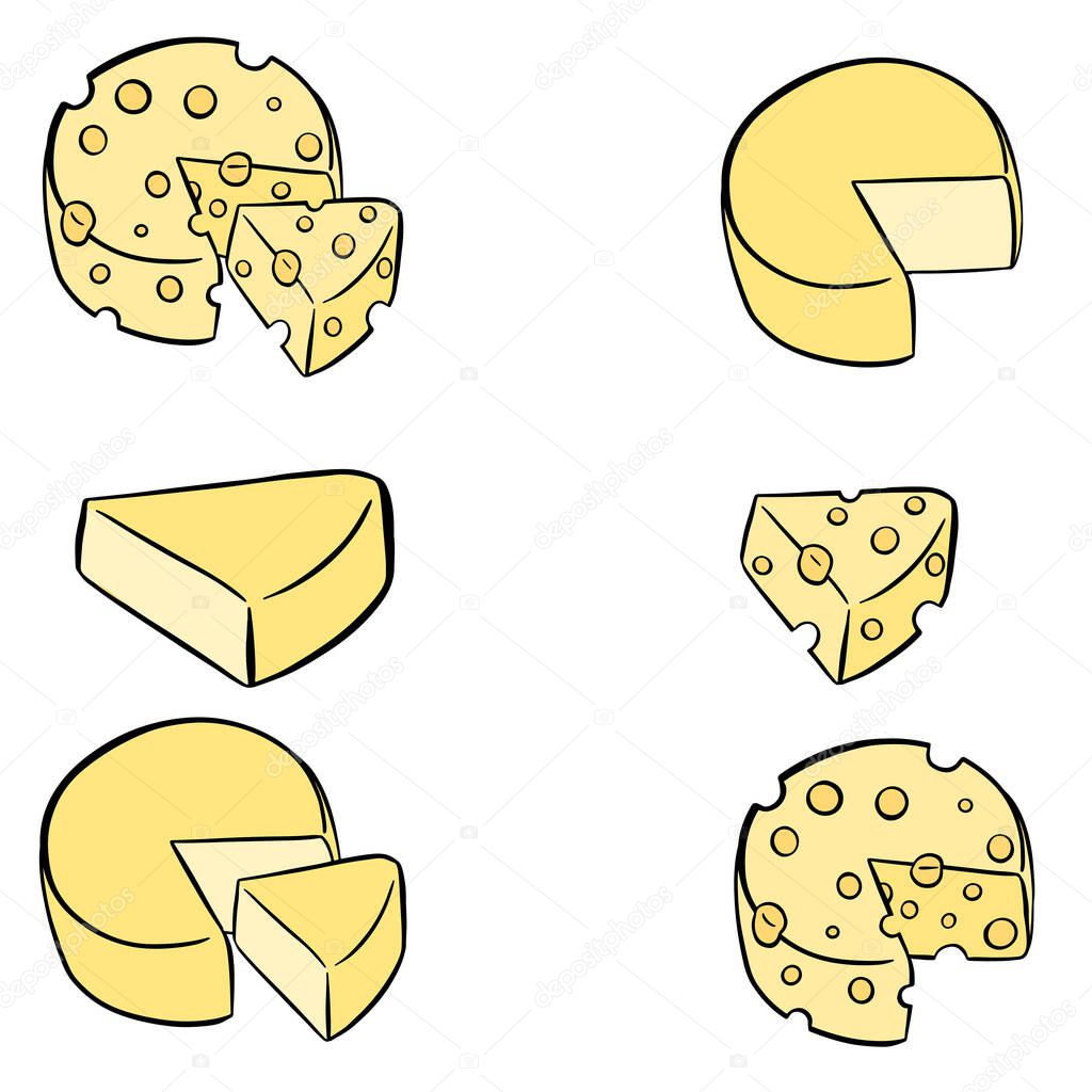 Collection of different shaped cheeses like a slice a wedge and a wheel illustration vector