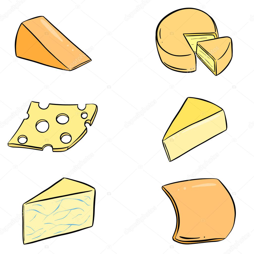 Collection of different shaped cheeses like a slice a wedge and a wheel illustration vector