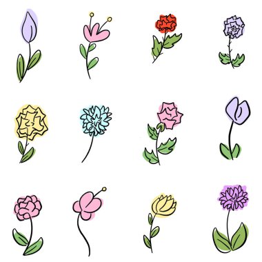 Çizgi film Doodle Yaban Çiçeği Vektör Simgesi Tasarımında Çiçek Çizimleri